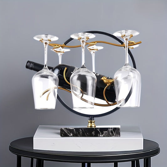 Elegante porta-vinhos em estilo mármore com suporte para taças