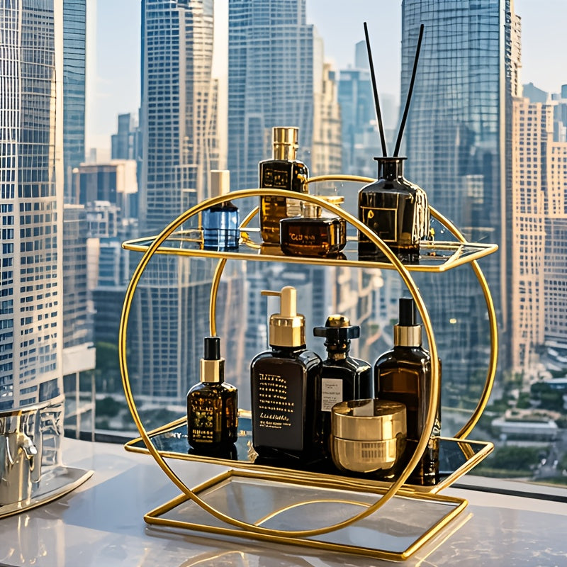 Organizador de maquiagem elegante de metal dourado com duas camadas