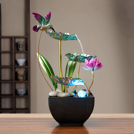 Fonte em forma de cascata em formato de beija-flor de 3 níveis com sons relaxantes