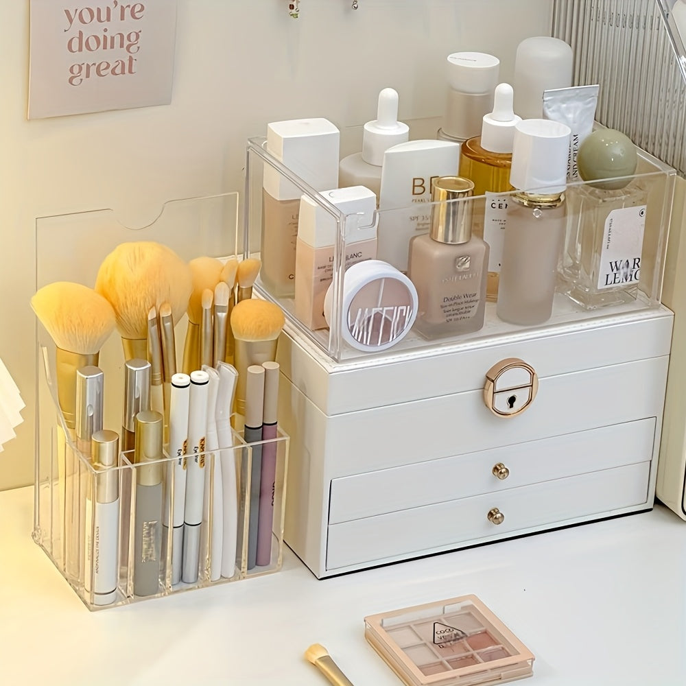 Porta-pincéis de maquiagem ajustável em acrílico transparente com compartimentos