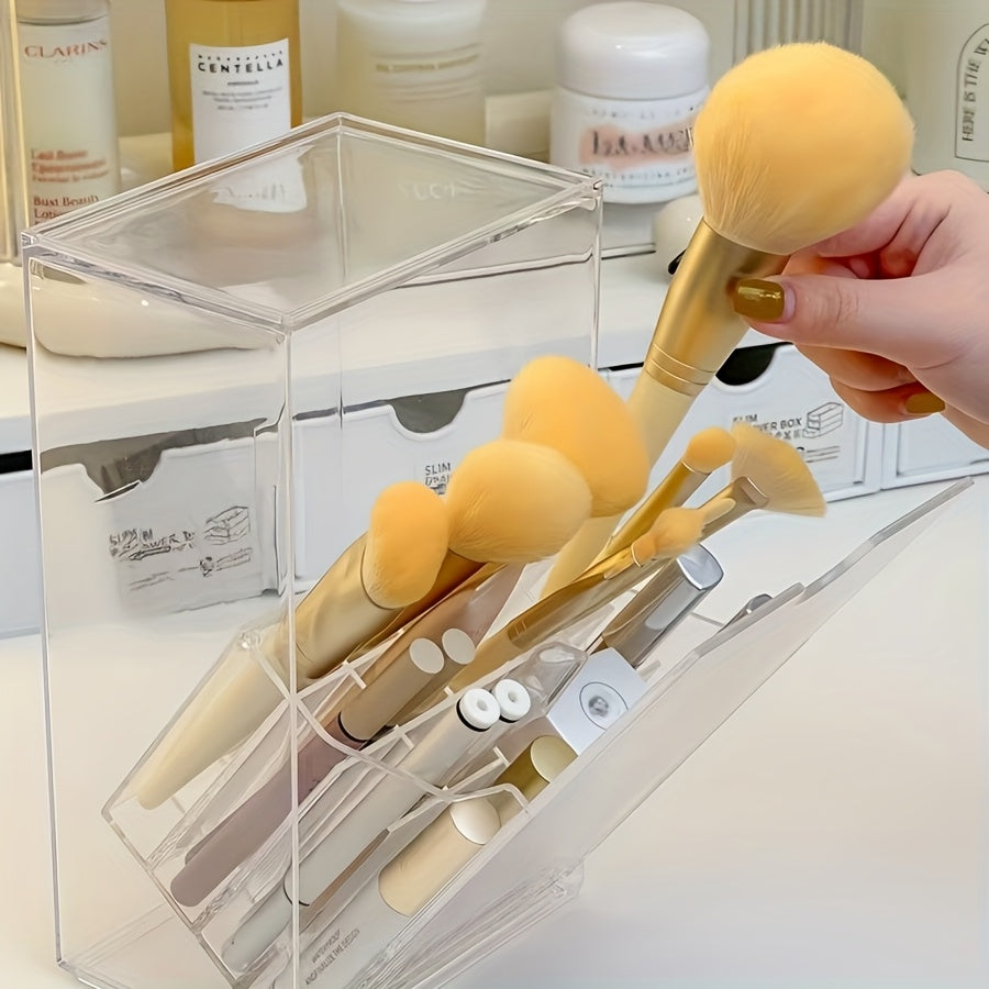 Porta-pincéis de maquiagem ajustável em acrílico transparente com compartimentos