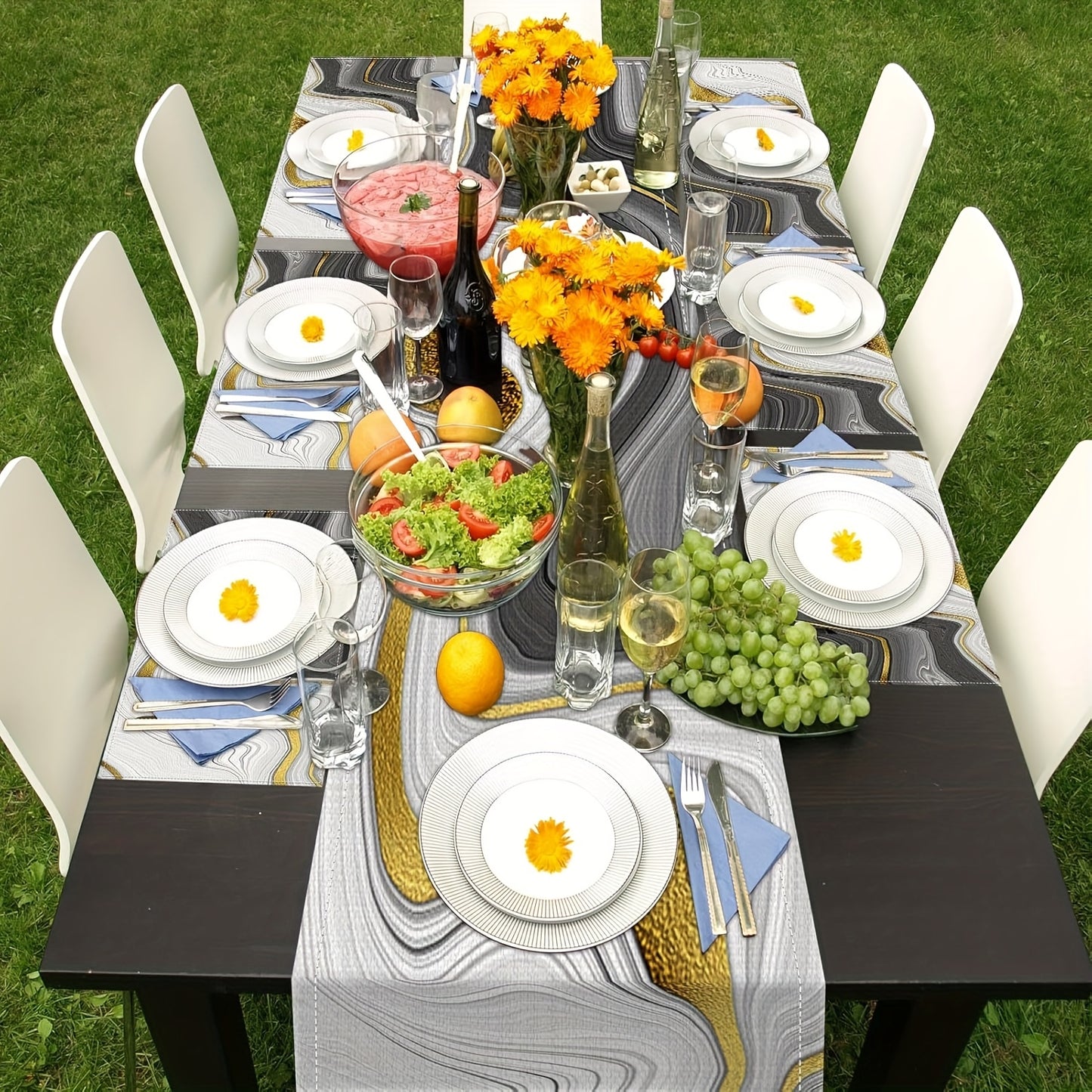 Jogo Americano - Conjunto de 5/7 peças de bandeiras de mesa e jogos americanos de mármore preto e dourado