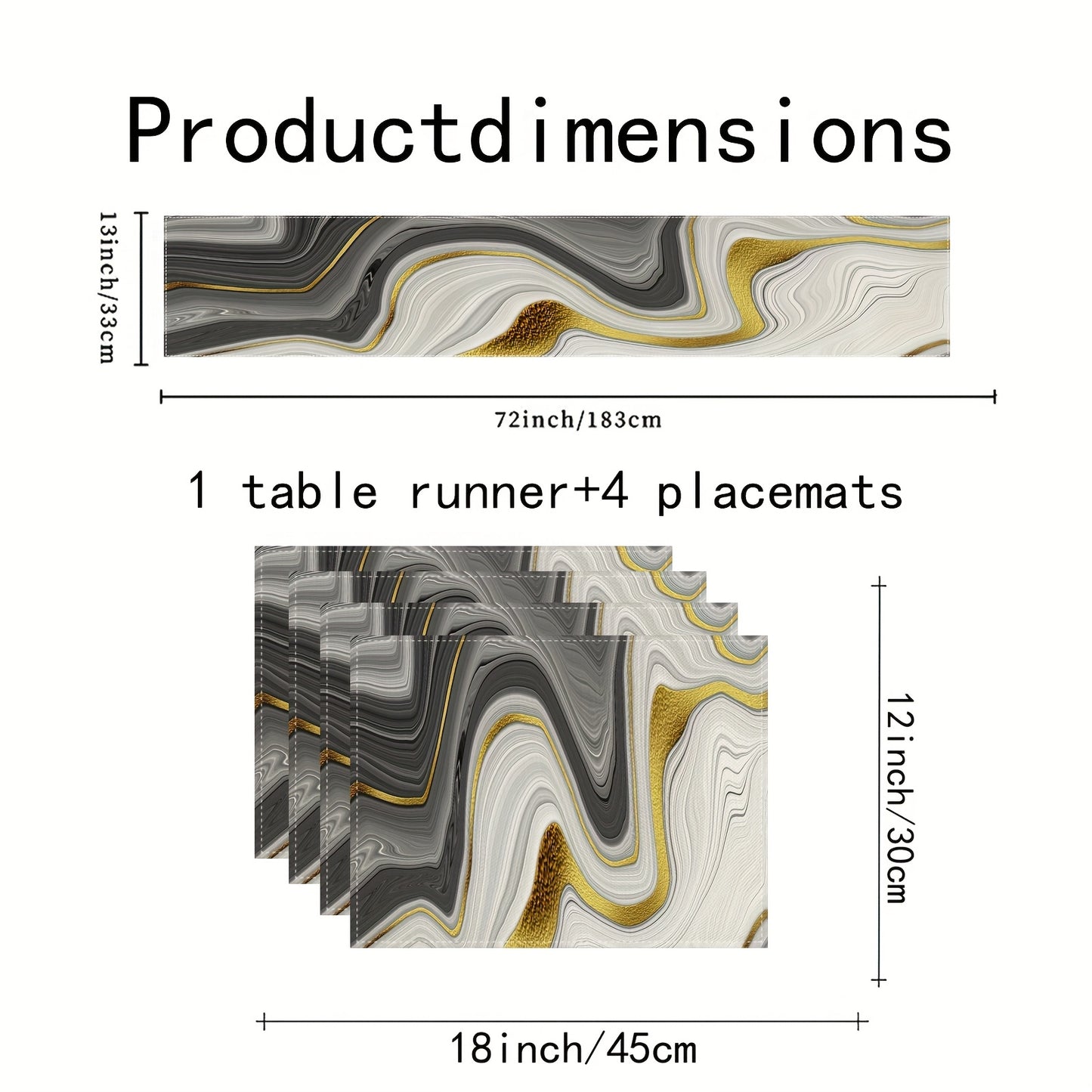 Jogo Americano - Conjunto de 5/7 peças de bandeiras de mesa e jogos americanos de mármore preto e dourado
