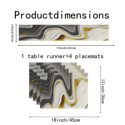 Jogo Americano - Conjunto de 5/7 peças de bandeiras de mesa e jogos americanos de mármore preto e dourado
