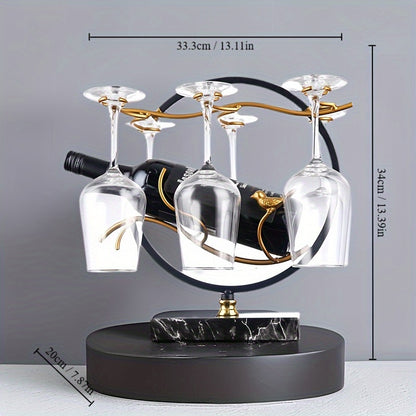 Elegante porta-vinhos em estilo mármore com suporte para taças