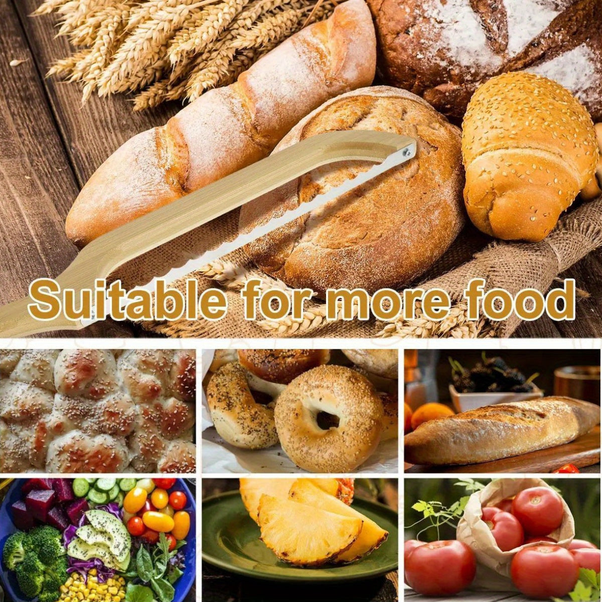 Cortador de pão ergonômico de madeira com lâmina serrilhada de aço inoxidável
