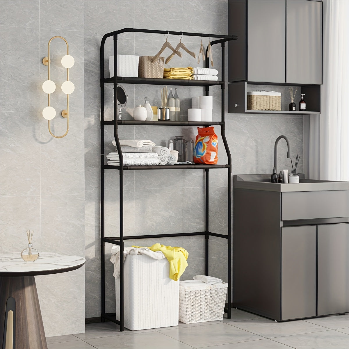 Uma prateleira de armazenamento sem furos, projetada para máquinas de lavar