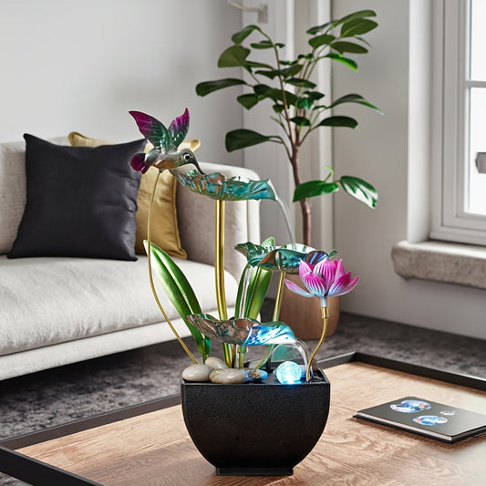 Fonte de água de mesa de 3 níveis com beija-flores e flores de lótus