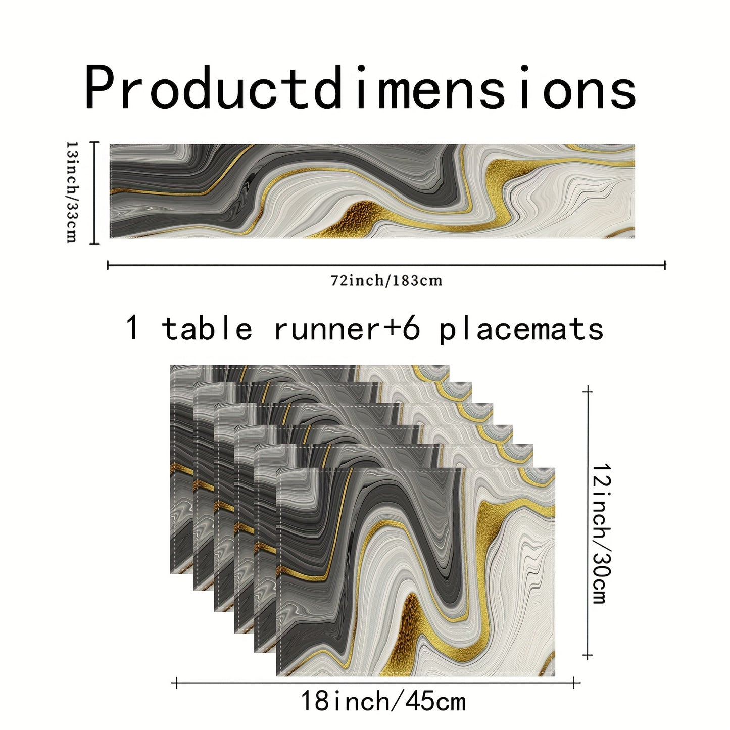 Jogo Americano - Conjunto de 5/7 peças de bandeiras de mesa e jogos americanos de mármore preto e dourado