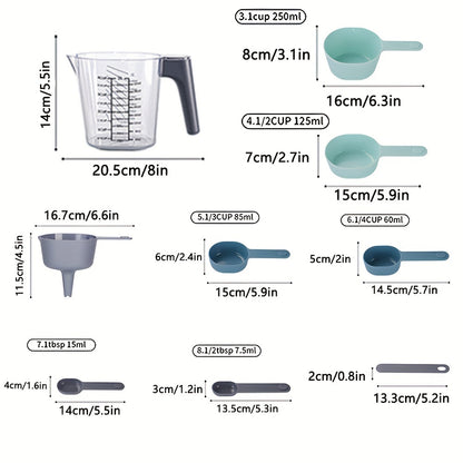 Conjunto de 9 xícaras e colheres medidoras com funil
