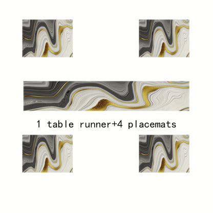 Jogo Americano - Conjunto de 5/7 peças de bandeiras de mesa e jogos americanos de mármore preto e dourado