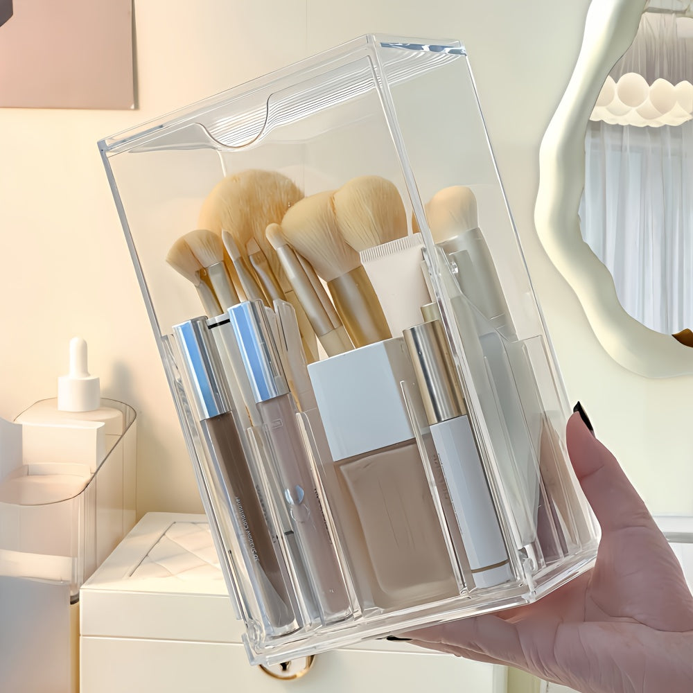 Porta-pincéis de maquiagem ajustável em acrílico transparente com compartimentos
