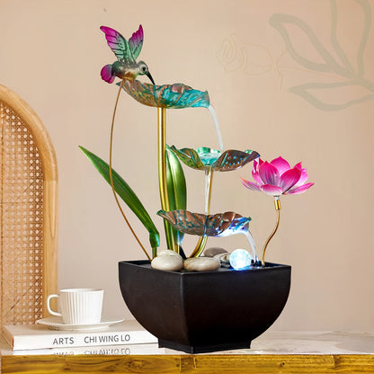 Fonte em forma de cascata em formato de beija-flor de 3 níveis com sons relaxantes