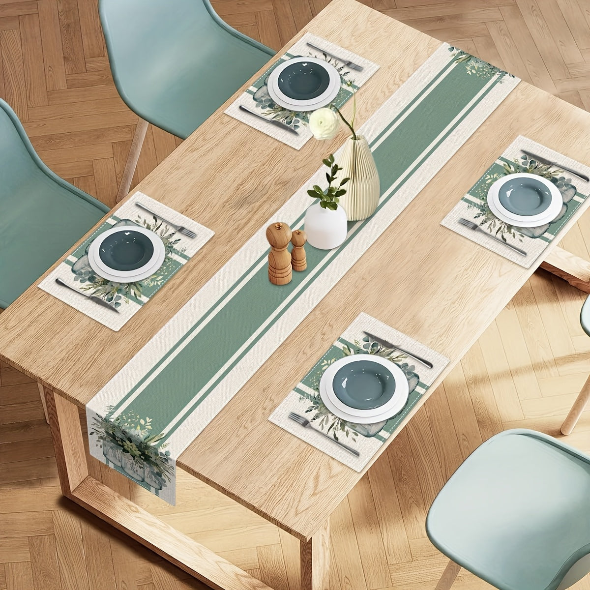 Jogo Americano - 5/7 peças, caminho de mesa de eucalipto verde-sálvia e conjunto de 4/6 jogos americanos