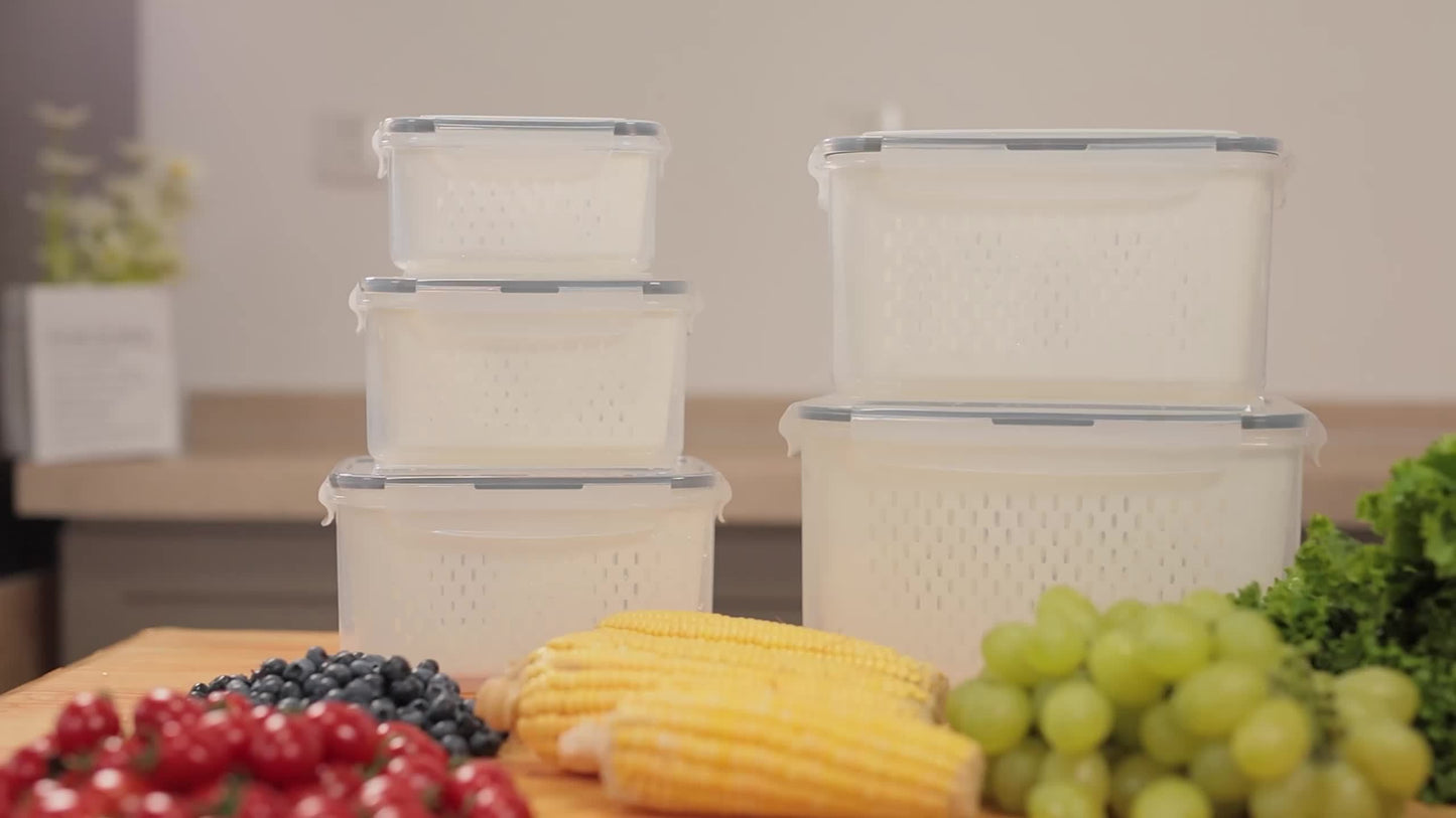 Conjunto de 9 recipientes grandes à prova de vazamentos para geladeira com escorredor removível