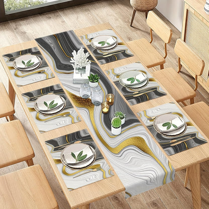 Jogo Americano - Conjunto de 5/7 peças de bandeiras de mesa e jogos americanos de mármore preto e dourado