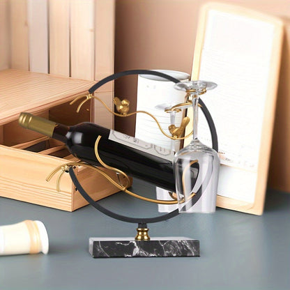 Elegante porta-vinhos em estilo mármore com suporte para taças