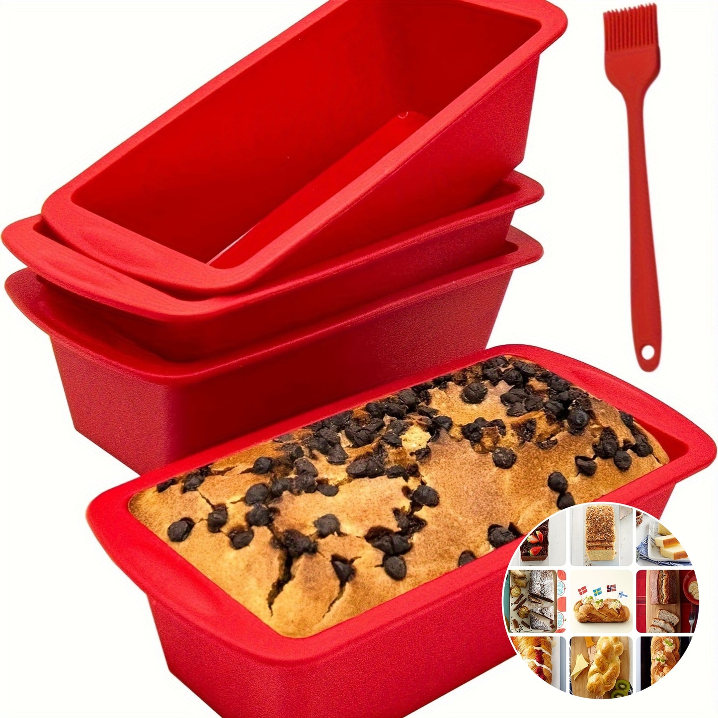 Conjunto de 2 ou 4 formas de silicone para pães e bolos, completo com pincel para untar