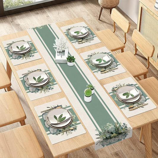 Jogo Americano - 5/7 peças, caminho de mesa de eucalipto verde-sálvia e conjunto de 4/6 jogos americanos