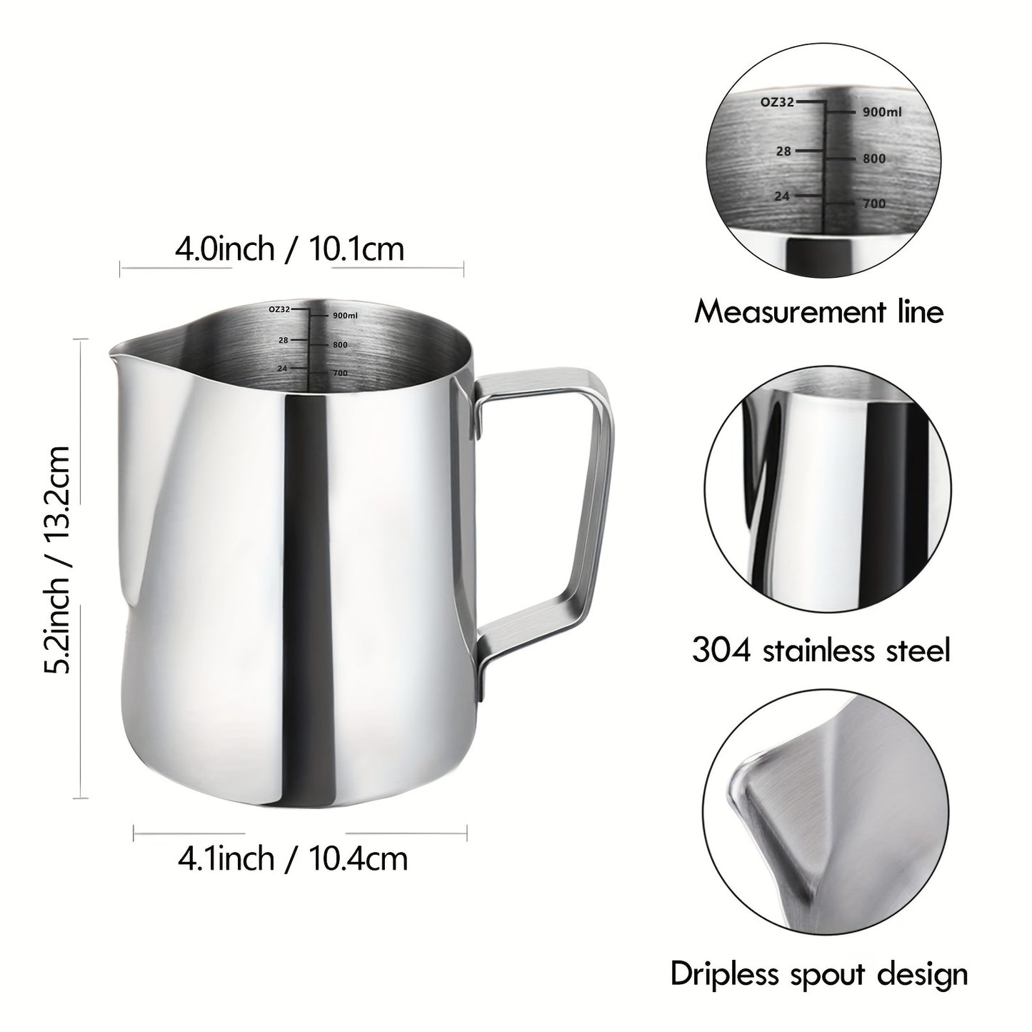 Conjunto de jarra de aço inoxidável para espumar leite de 900 ml