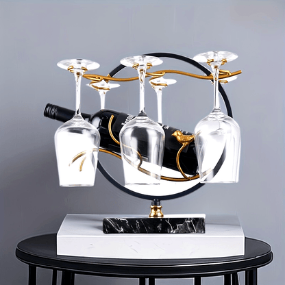 Elegante porta-vinhos em estilo mármore com suporte para taças