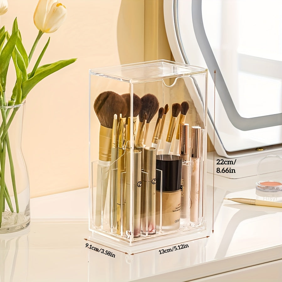 Porta-pincéis de maquiagem ajustável em acrílico transparente com compartimentos