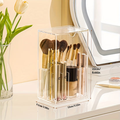 Porta-pincéis de maquiagem ajustável em acrílico transparente com compartimentos