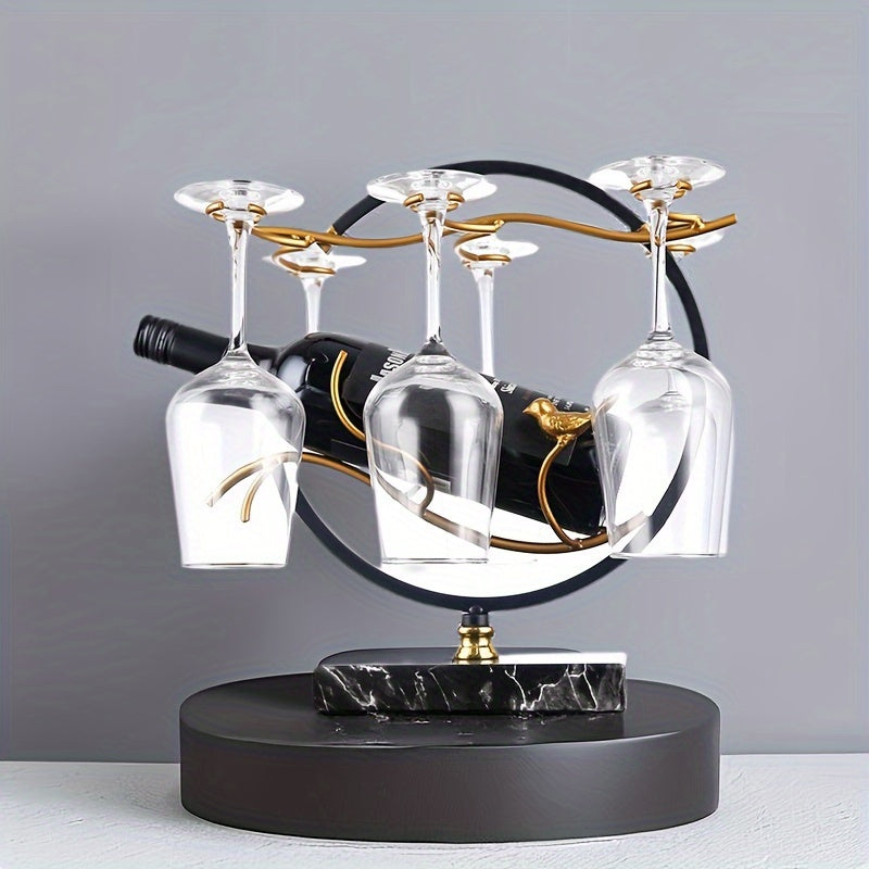 Elegante porta-vinhos em estilo mármore com suporte para taças