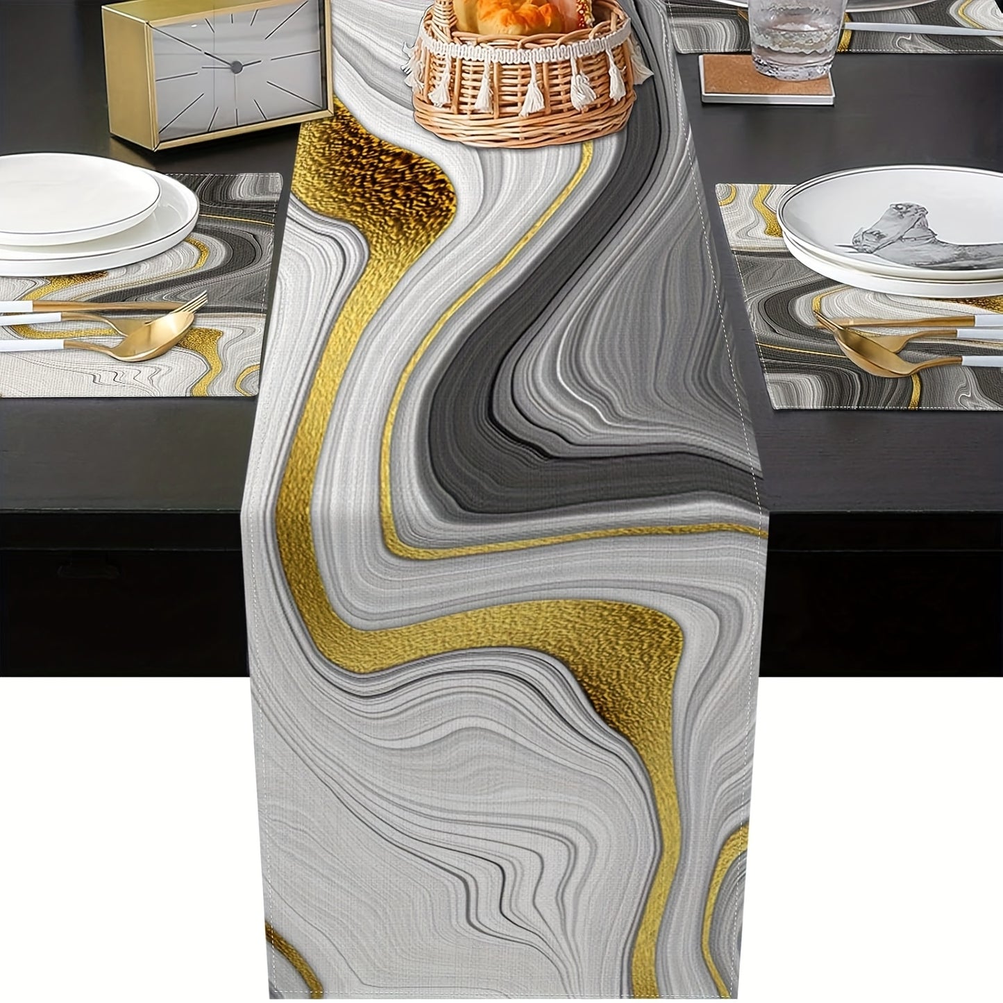 Jogo Americano - Conjunto de 5/7 peças de bandeiras de mesa e jogos americanos de mármore preto e dourado