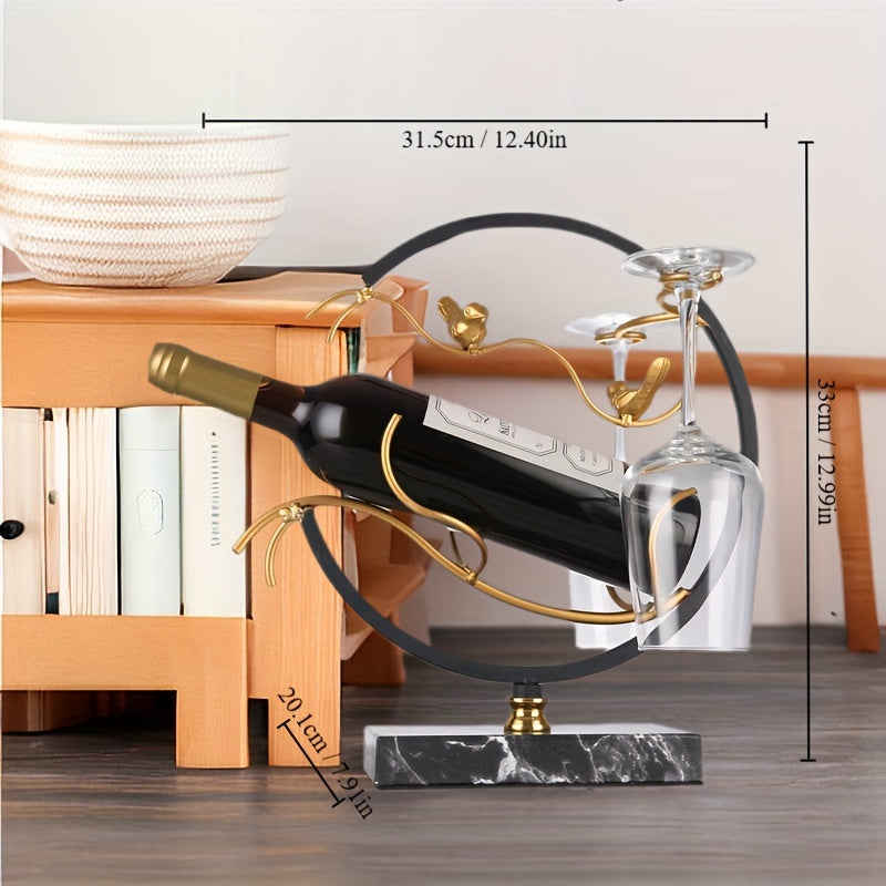 Elegante porta-vinhos em estilo mármore com suporte para taças