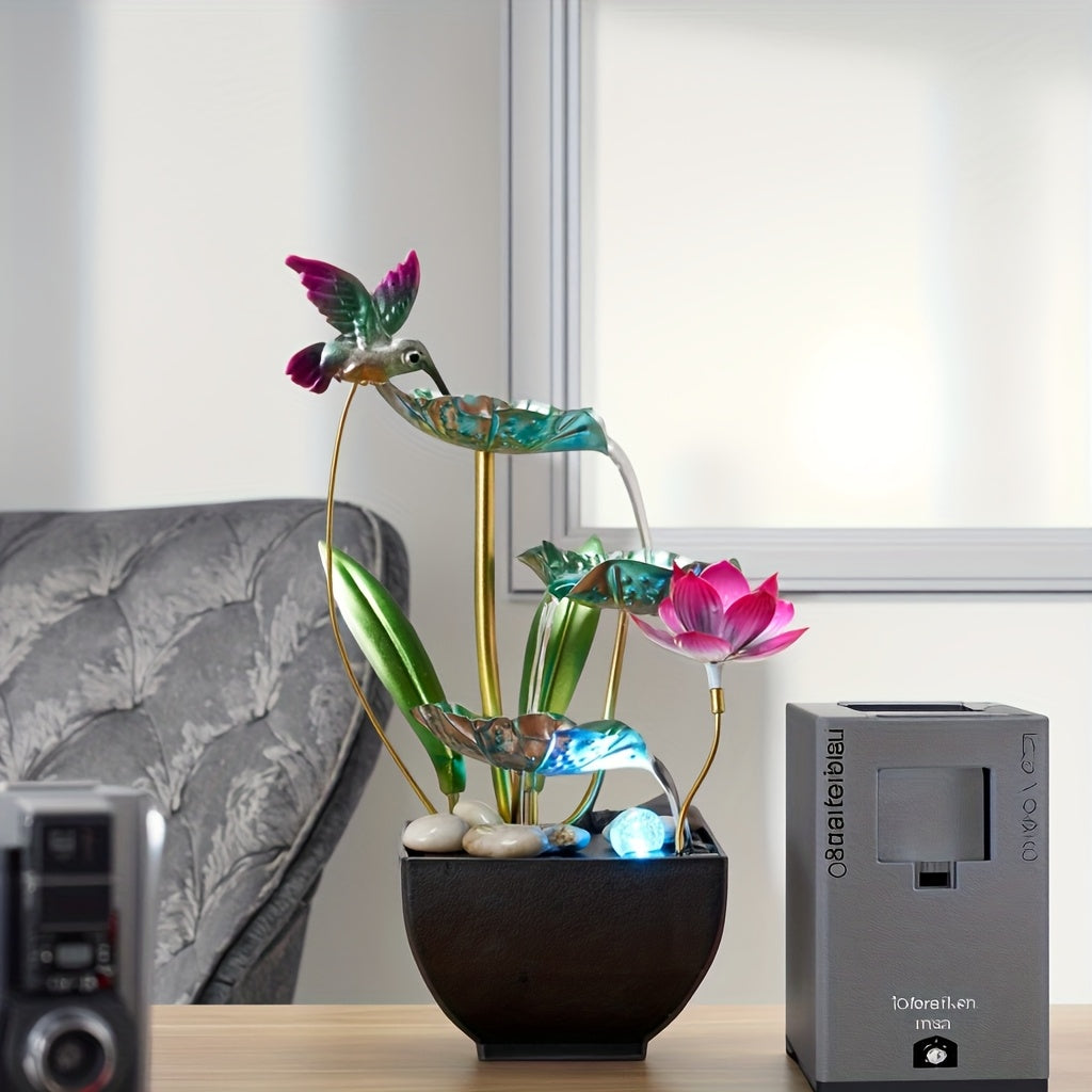 Fonte de água de mesa de 3 níveis com beija-flores e flores de lótus