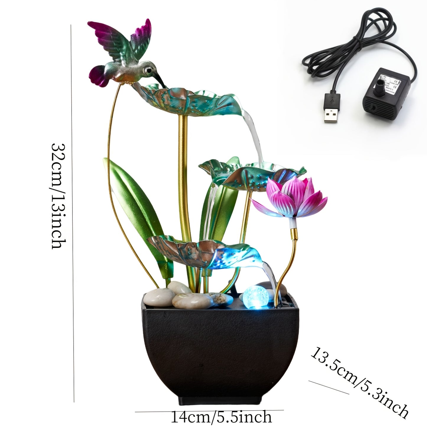 Fonte de água de mesa de 3 níveis com beija-flores e flores de lótus