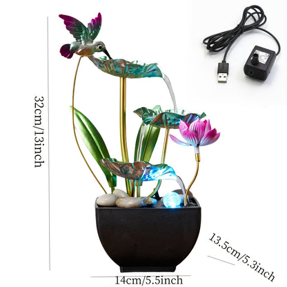 Fonte de água de mesa de 3 níveis com beija-flores e flores de lótus