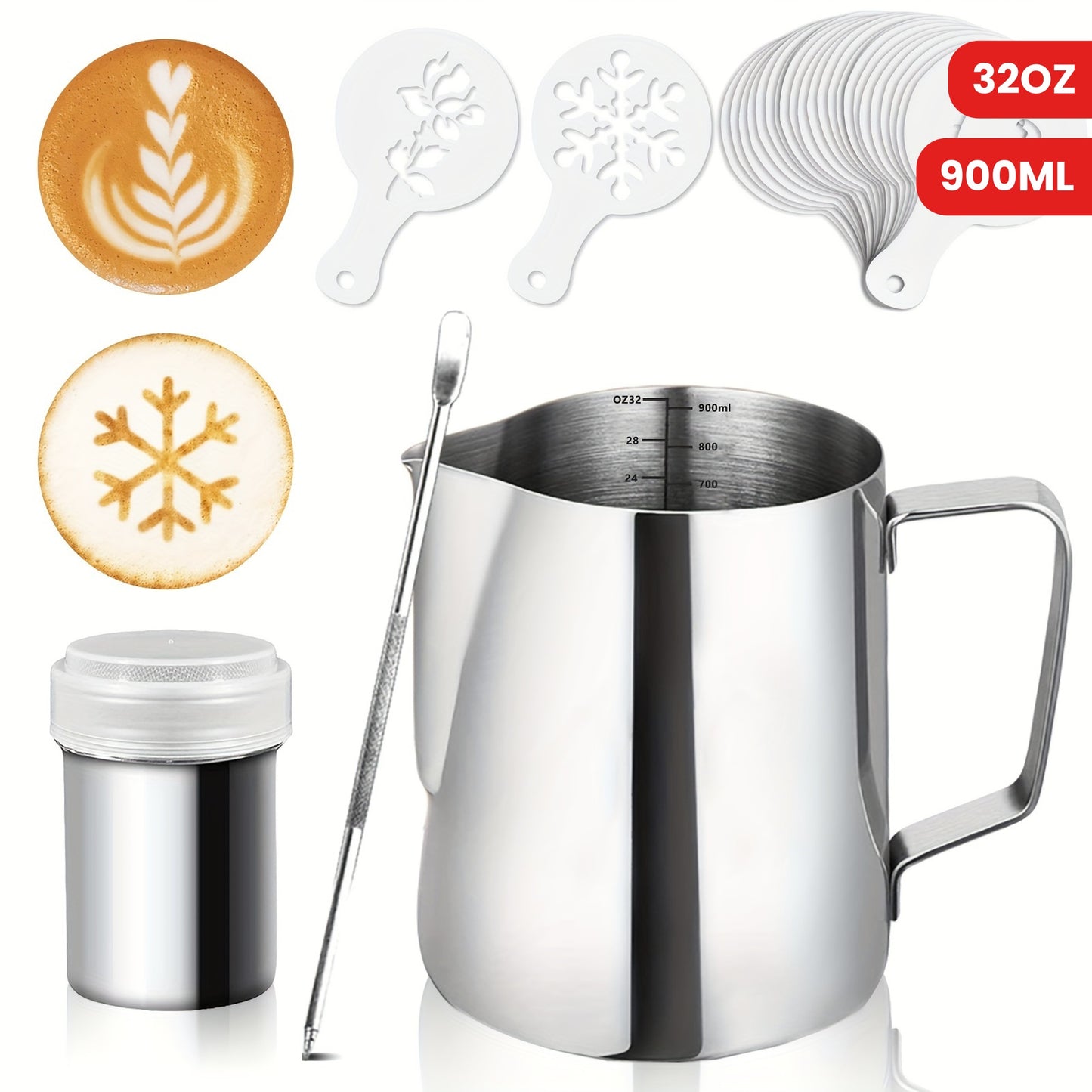 Conjunto de jarra de aço inoxidável para espumar leite de 900 ml