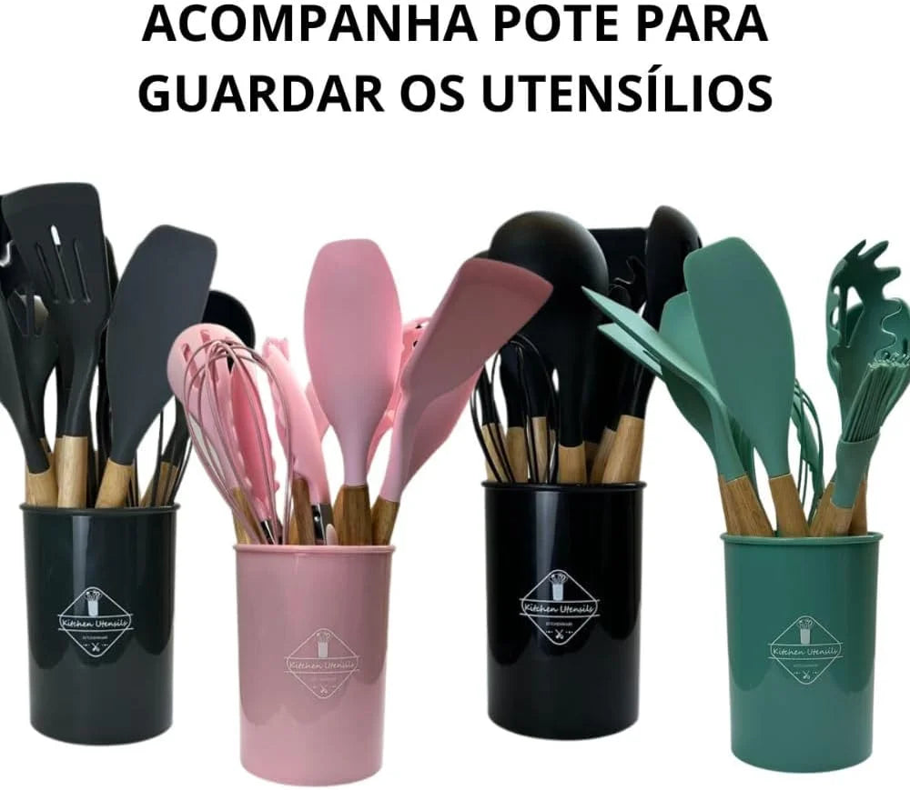 Kit de cozinha com 12 peças, cabo de utensílios de cozinha prático, antiaderente e madeira durável