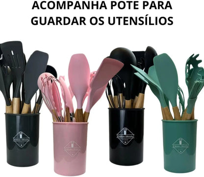Kit de cozinha com 12 peças, cabo de utensílios de cozinha prático, antiaderente e madeira durável