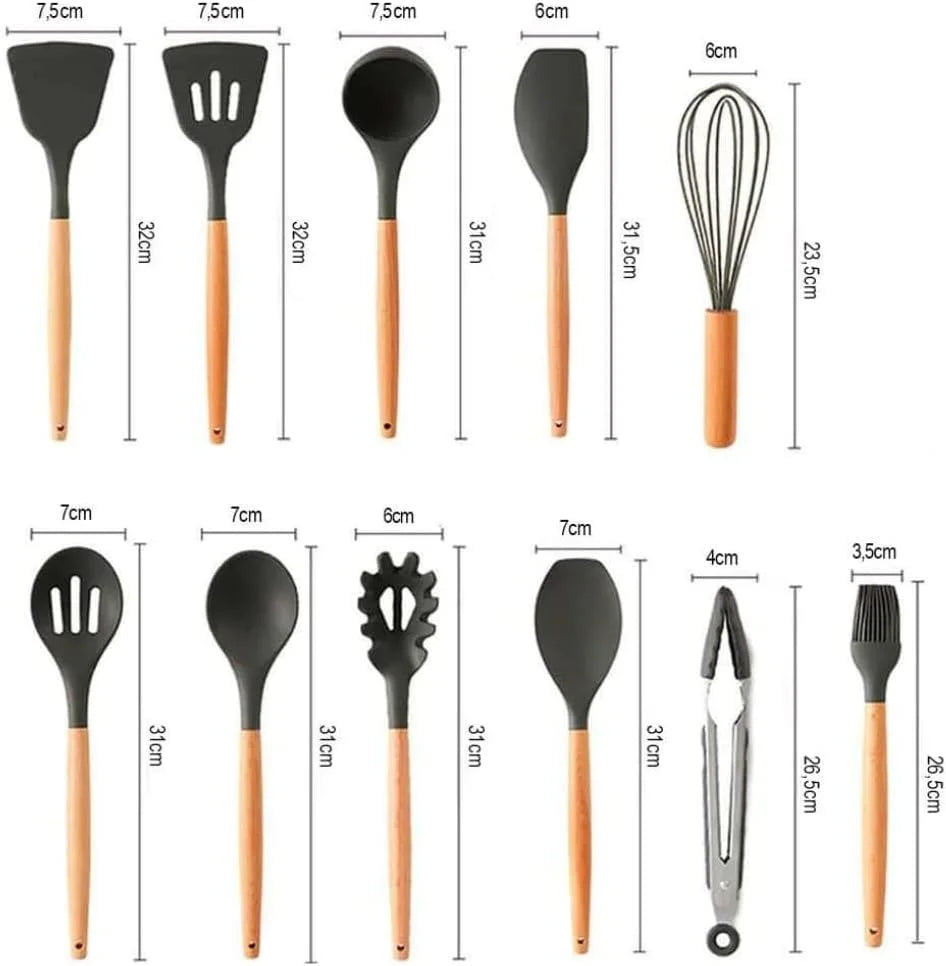 Kit de cozinha com 12 peças, cabo de utensílios de cozinha prático, antiaderente e madeira durável