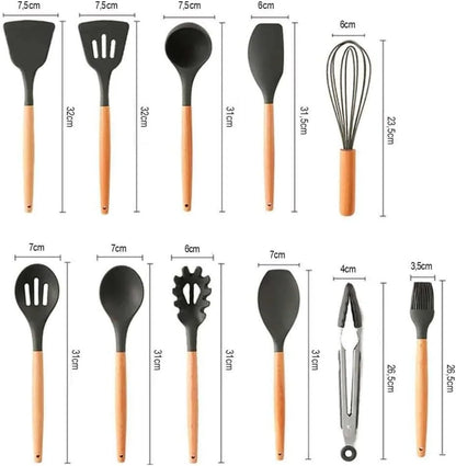 Kit de cozinha com 12 peças, cabo de utensílios de cozinha prático, antiaderente e madeira durável