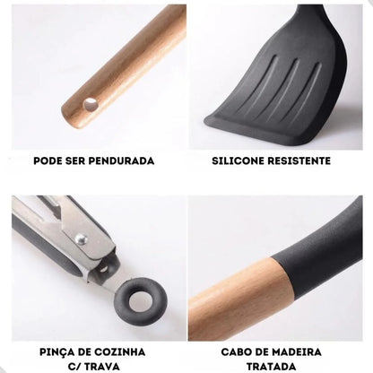 Kit de cozinha com 12 peças, cabo de utensílios de cozinha prático, antiaderente e madeira durável