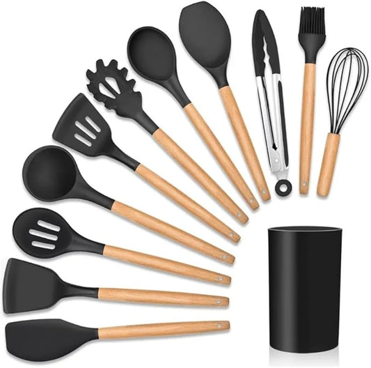 Kit de cozinha com 12 peças, cabo de utensílios de cozinha prático, antiaderente e madeira durável