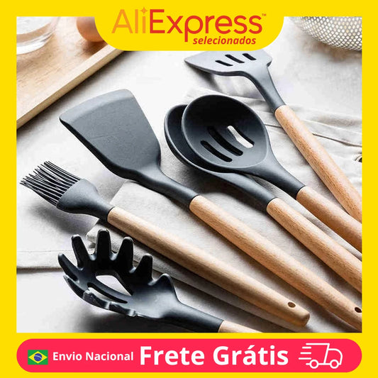 Kit de cozinha com 12 peças, cabo de utensílios de cozinha prático, antiaderente e madeira durável