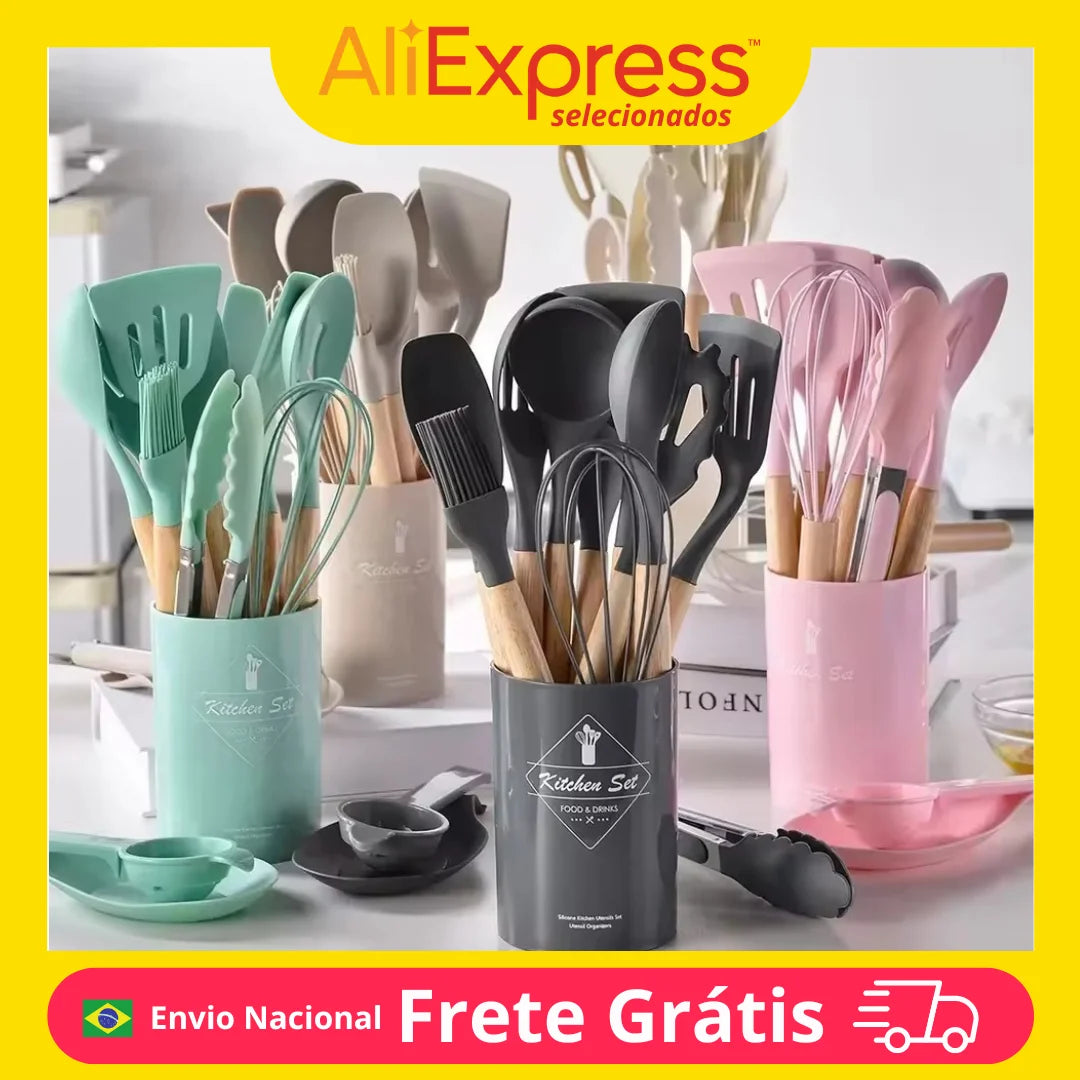 KIT 12 Utensílios de Cozinha de Silicone