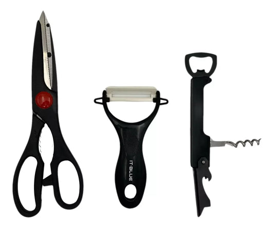 Kit para Cozinha 3 Peças Tesoura Ralador Abridor