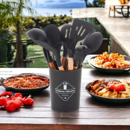Kit de cozinha com 12 peças, cabo de utensílios de cozinha prático, antiaderente e madeira durável