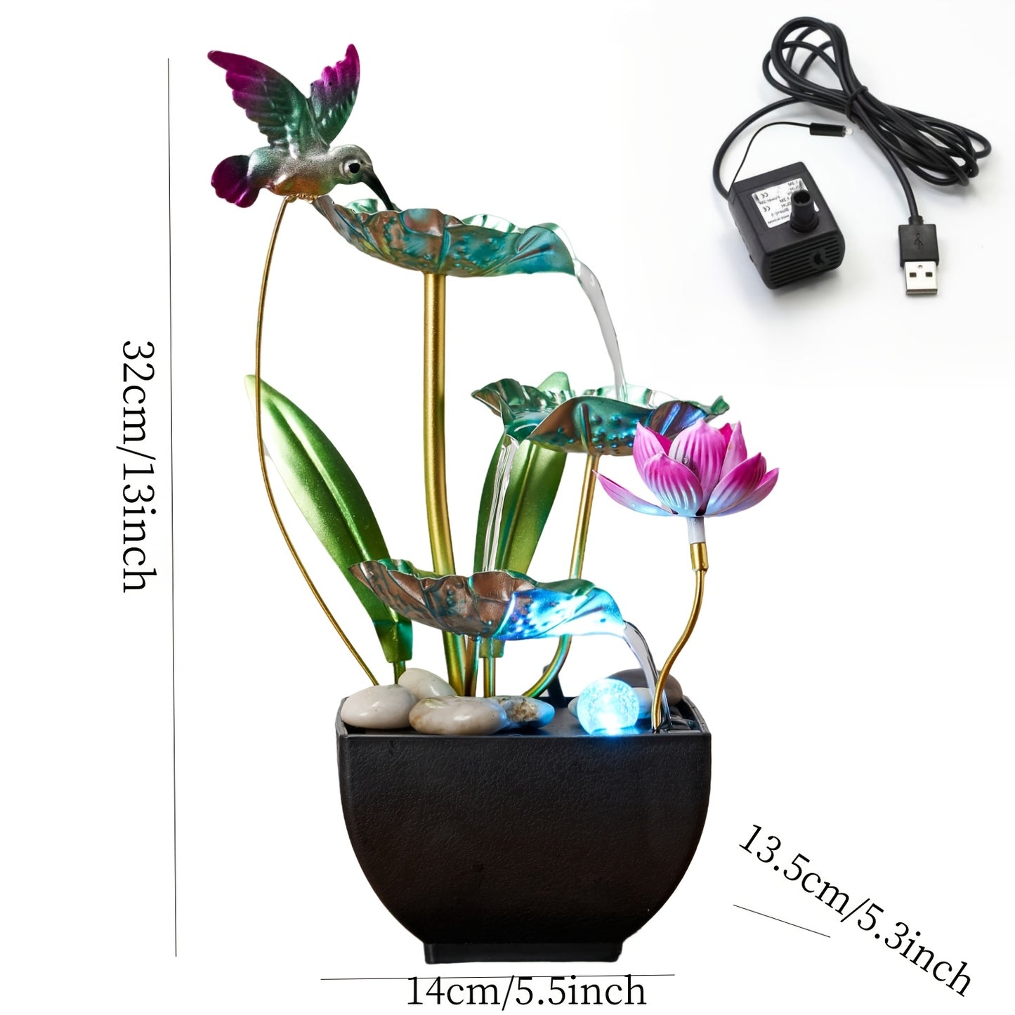 Fonte em forma de cascata em formato de beija-flor de 3 níveis com sons relaxantes