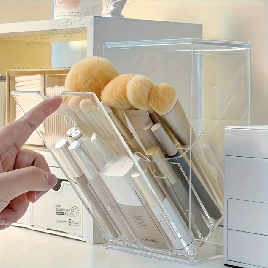 Porta-pincéis de maquiagem ajustável em acrílico transparente com compartimentos