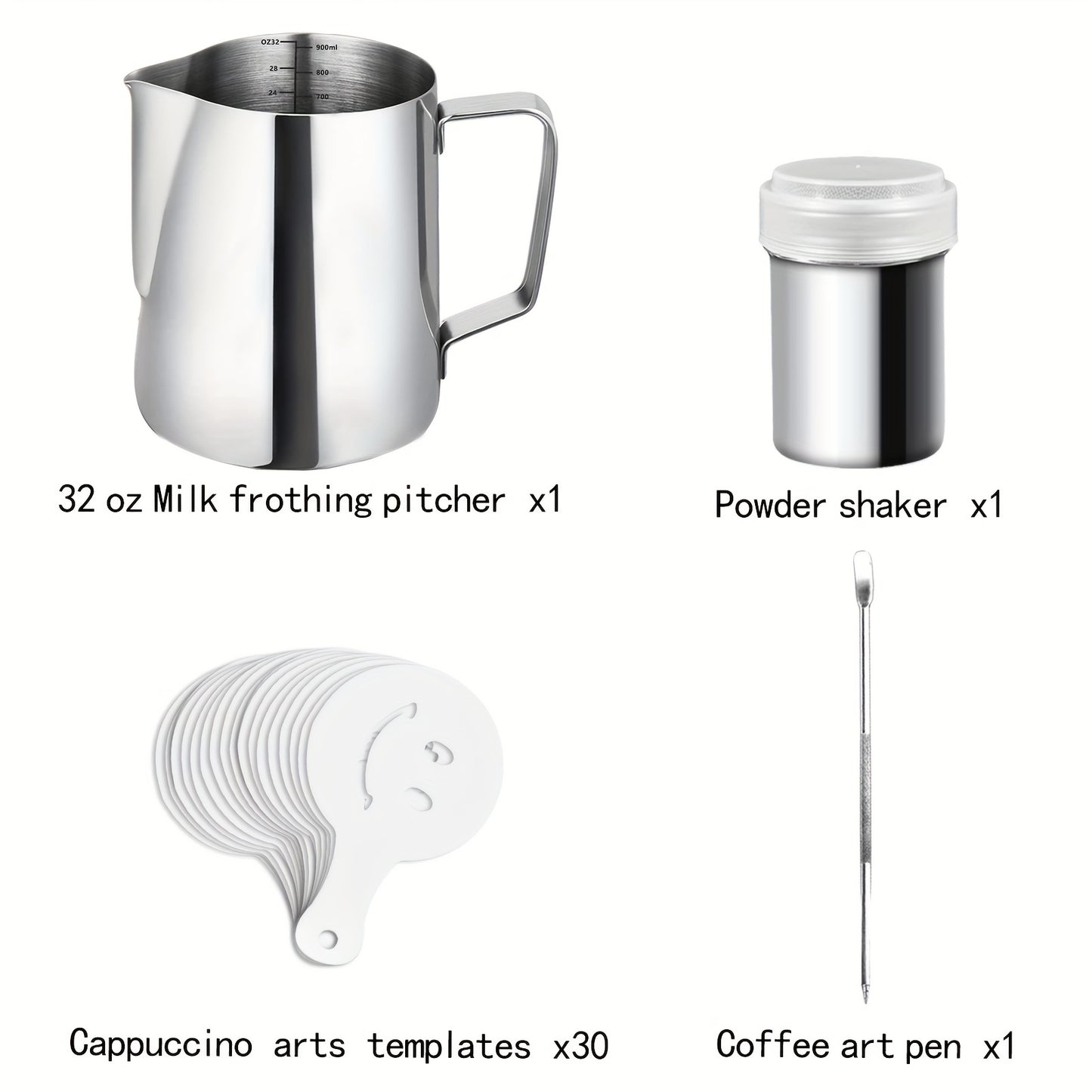 Conjunto de jarra de aço inoxidável para espumar leite de 900 ml