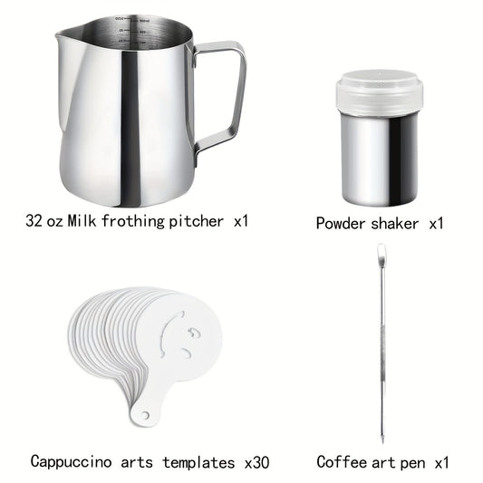 Conjunto de jarra de aço inoxidável para espumar leite de 900 ml