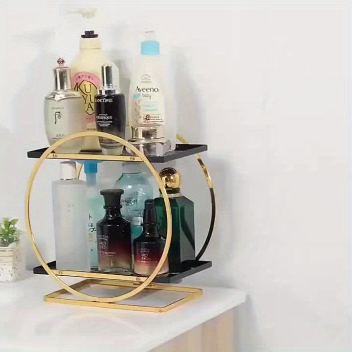 Organizador de maquiagem elegante de metal dourado com duas camadas