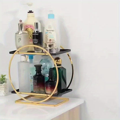 Organizador de maquiagem elegante de metal dourado com duas camadas